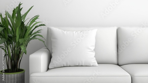 Minimalist living room with white sofa and decorative green plant creating a serene home atmosphere for modern interior design concepts