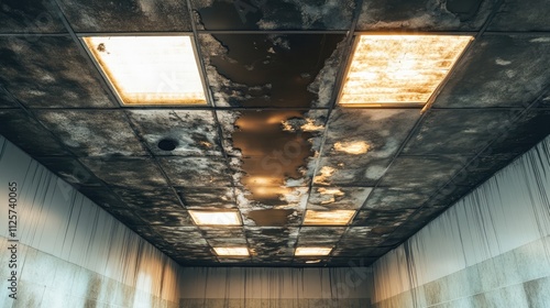 Water damaged office ceiling with brown stains and mold highlighting structural deterioration and maintenance issues in an indoor environment photo