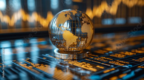 crystal-clear globe rests on a financial chart, symbolizing global markets, economic connections, sustainability, and the interdependence of finance and environmental stewardship photo