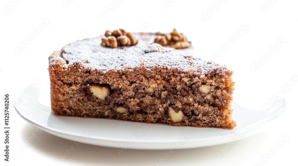 Traditional German walnut cake slice on a plate displaying rich texture and topped with nuts isolated on white background Traditional German walnut cake slice on a plate displaying rich texture and topped with nuts isolated on white background