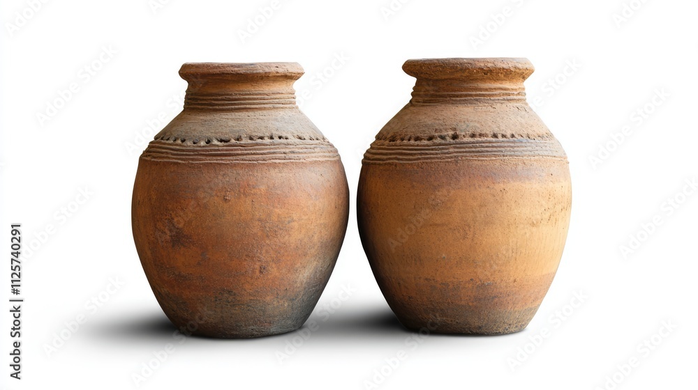 Two traditional clay water jars kumgans displayed against a clean white background highlighting their rustic texture and historical significance. Two traditional clay water jars kumgans displayed against a clean white background highlighting their rustic texture and historical significance.