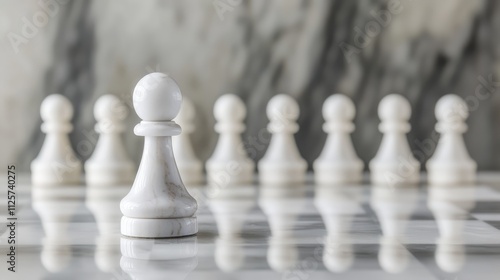 White marble queen piece in focus with eight blurred white pawns arranged in a row on a glossy marble chessboard, elegant backdrop, game, strategy, reflective surface.