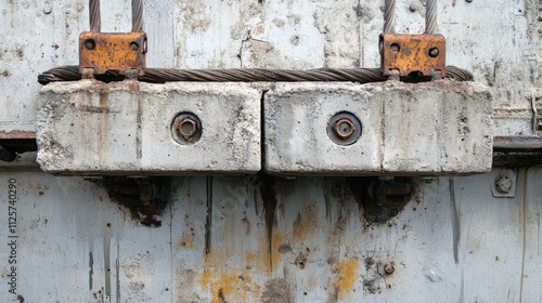 Train cable system with concrete counterweights mounted on a pole showcasing industrial mechanics near railroad infrastructure. photo