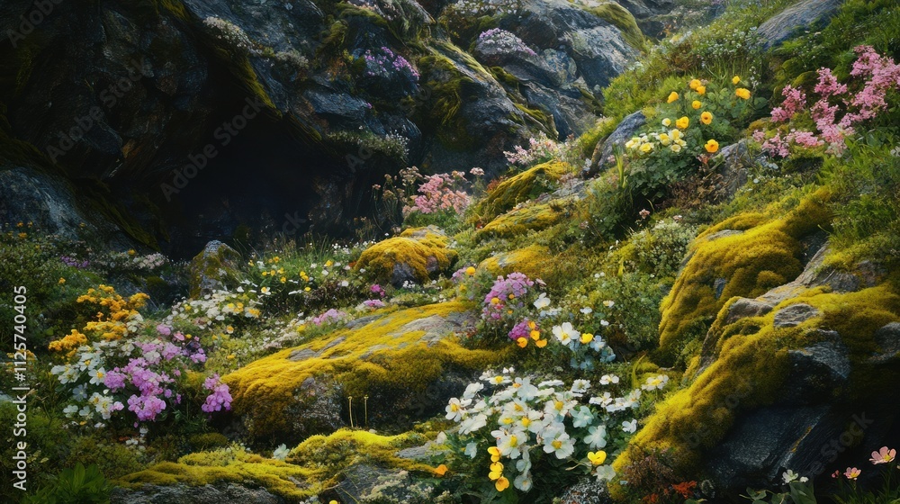 Enchanted Mountainside Bloom: A Tapestry of Moss, Rock, and Wildflowers Enchanted Mountainside Bloom: A Tapestry of Moss, Rock, and Wildflowers