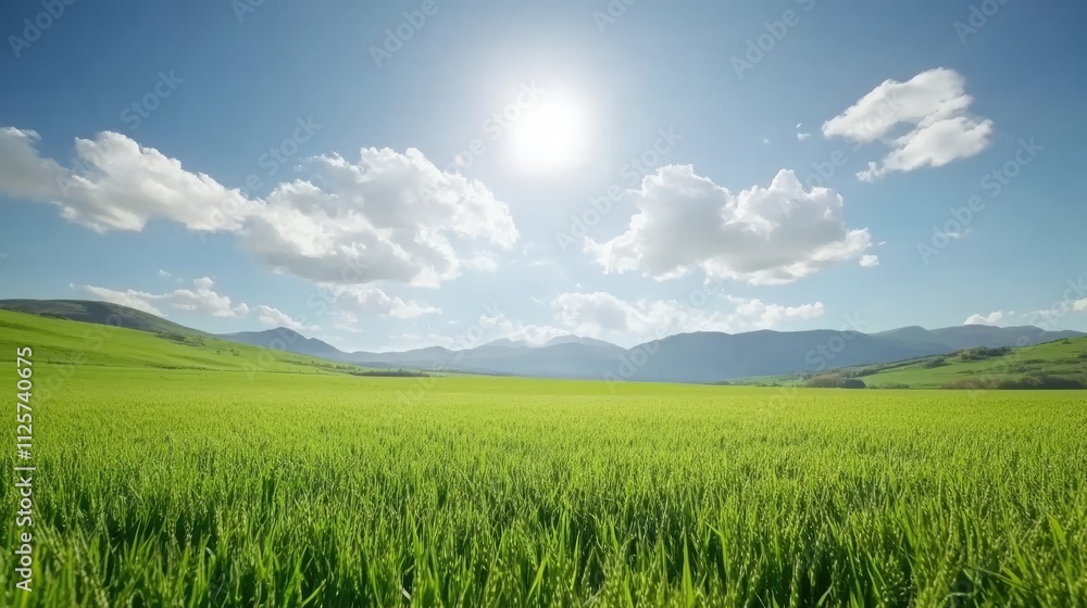 Lush green wheat field under a bright sun with clear blue sky and fluffy clouds, capturing the essence of agriculture and nature, landscape, farming, rural scenery. Lush green wheat field under a bright sun with clear blue sky and fluffy clouds, capturing the essence of agriculture and nature, landscape, farming, rural scenery.