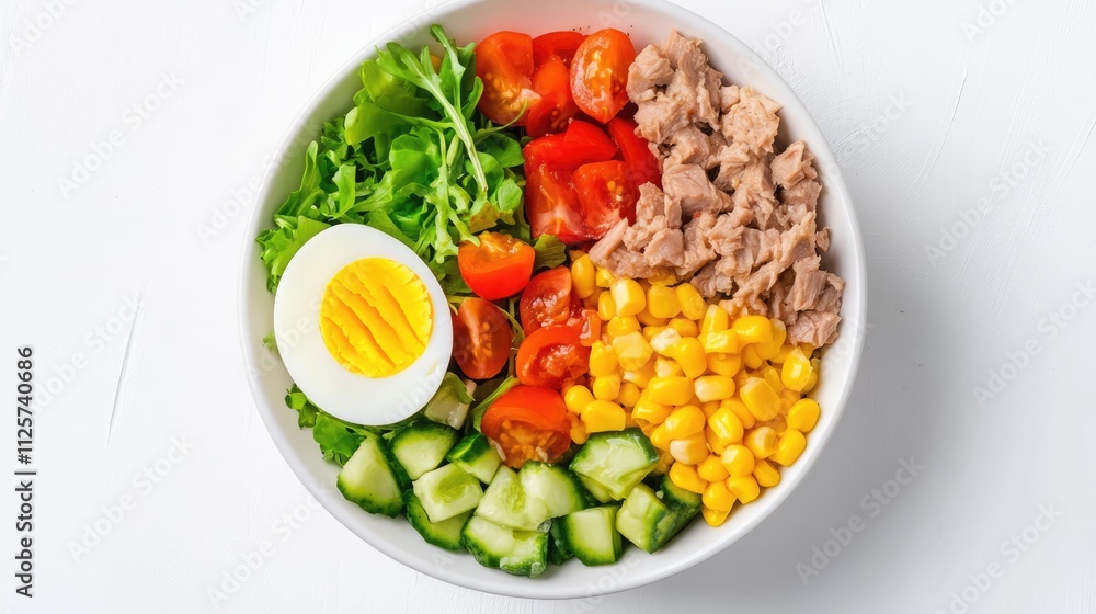 Fresh tuna salad with egg vegetables and corn in a white bowl on a clean white background top view healthy meal concept Fresh tuna salad with egg vegetables and corn in a white bowl on a clean white background top view healthy meal concept