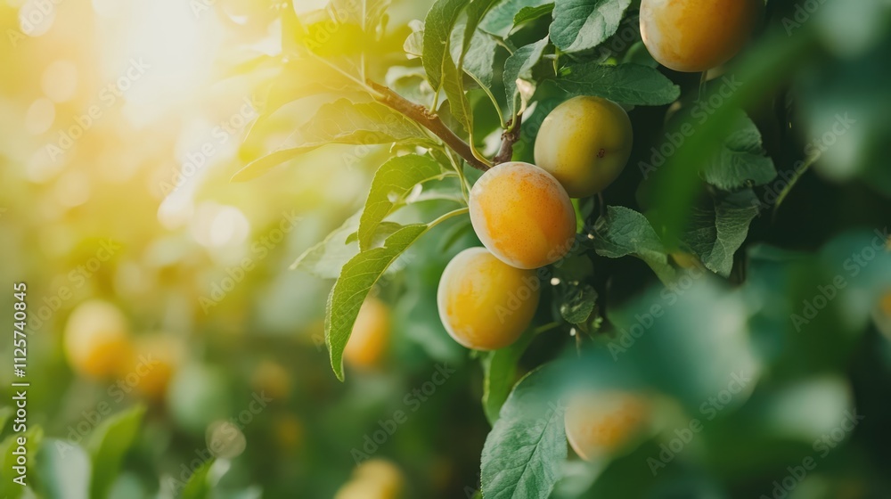 Ripe yellow plums growing on branches in a sunlit orchard, surrounded by healthy green leaves, emphasizing fresh produce and nature's bounty, agriculture, vibrant colors. Ripe yellow plums growing on branches in a sunlit orchard, surrounded by healthy green leaves, emphasizing fresh produce and nature's bounty, agriculture, vibrant colors.