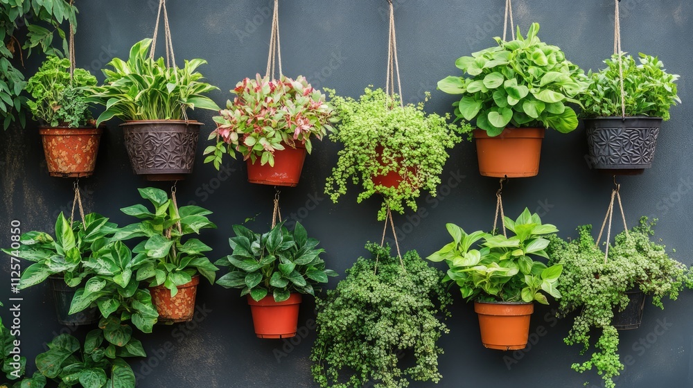Diverse Hanging Plants in Decorative Pots Creating a Lush Garden Display on a Wall Diverse Hanging Plants in Decorative Pots Creating a Lush Garden Display on a Wall