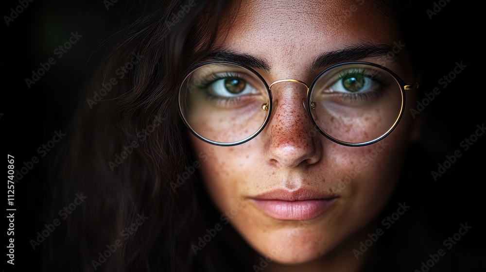 Portrait of a woman with eyeglasses and natural makeup against a dark background emphasizing her facial features and expressions. Portrait of a woman with eyeglasses and natural makeup against a dark background emphasizing her facial features and expressions.