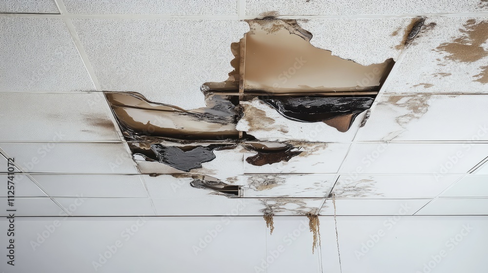 Water damage ceiling with brown stains in an office building highlighting structural deterioration and maintenance issues. Water damage ceiling with brown stains in an office building highlighting structural deterioration and maintenance issues.