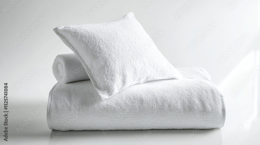 White towel and pillow elegantly arranged on a pristine bed showcasing modern bedroom decor and minimalist design aesthetic. White towel and pillow elegantly arranged on a pristine bed showcasing modern bedroom decor and minimalist design aesthetic.