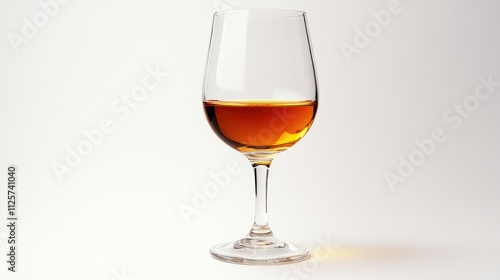 Elegant wine glass filled with amber liquid isolated on a soft white background showcasing refined beverage presentation and sophistication.