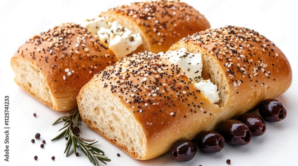 Wholegrain rolls filled with feta cheese and black olives, garnished with poppy seeds, isolated on a clean white background, food styling, bakery, healthy snack, Mediterranean cuisine. Wholegrain rolls filled with feta cheese and black olives, garnished with poppy seeds, isolated on a clean white background, food styling, bakery, healthy snack, Mediterranean cuisine.