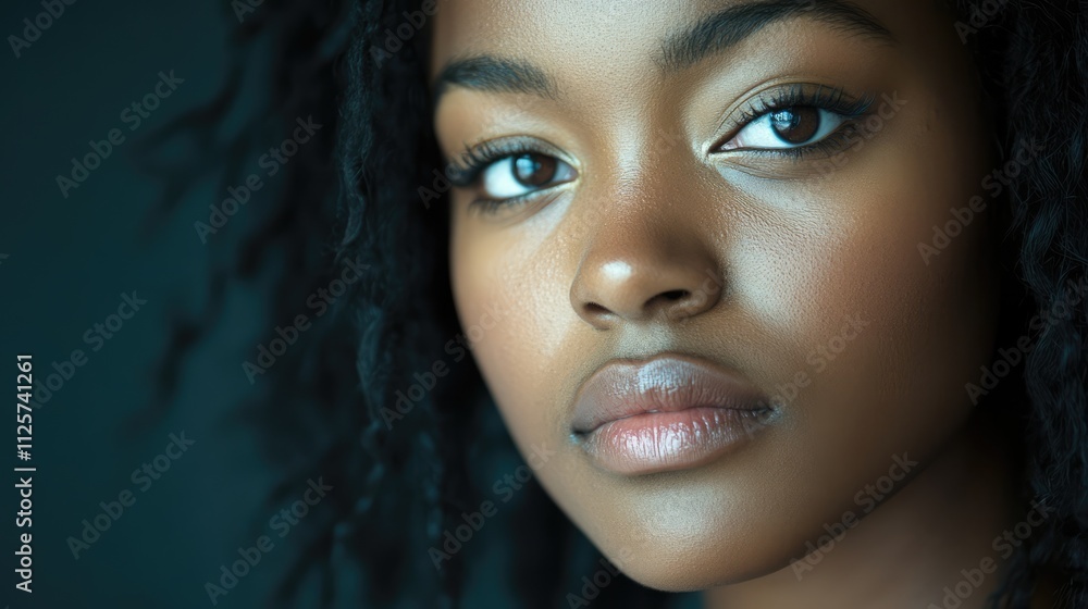 Beauty portrait of a young woman with natural hair showcasing radiant skin and expressive eyes in a studio setting against a muted backdrop Beauty portrait of a young woman with natural hair showcasing radiant skin and expressive eyes in a studio setting against a muted backdrop