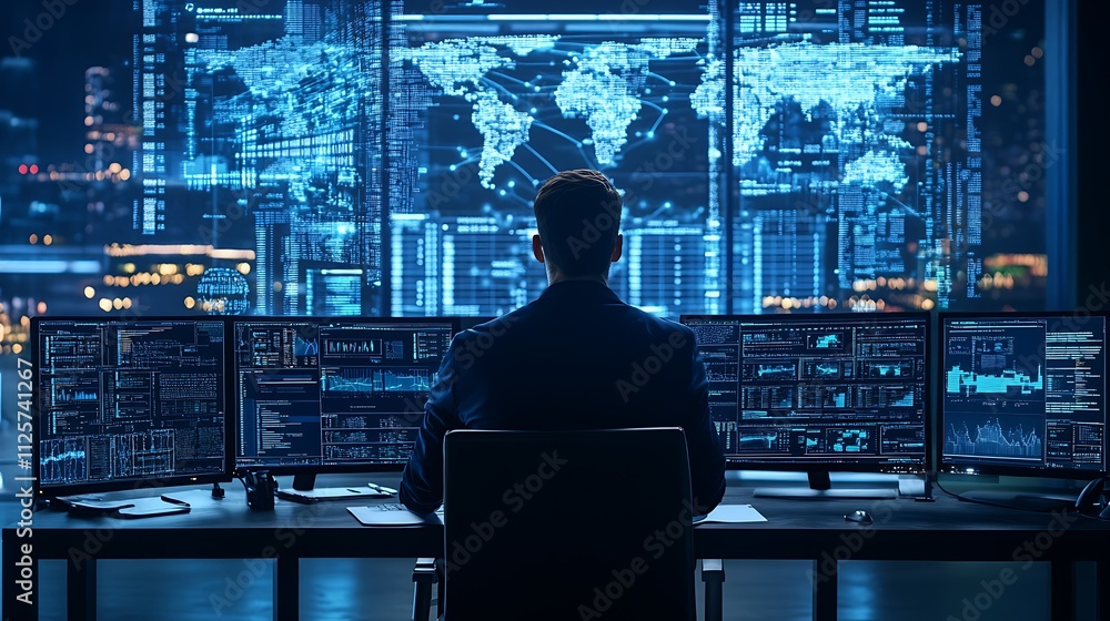 A person monitors data on multiple screens in a high-tech control room. A person monitors data on multiple screens in a high-tech control room.