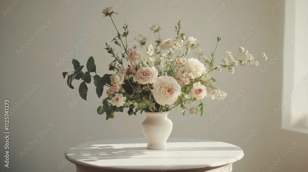 Elegant flower arrangement in a white vase on a bright table with soft natural lighting creating a serene and stylish atmosphere Elegant flower arrangement in a white vase on a bright table with soft natural lighting creating a serene and stylish atmosphere