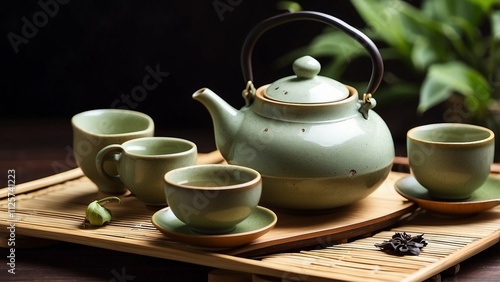 Japanese tea: a bamboo mat with a hot teapot and teacups