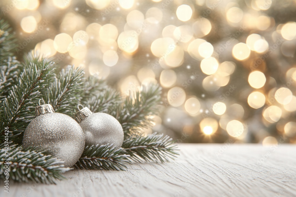 Silver Christmas Ornaments on Snowy Pine Branch with Festive Bokeh Background Silver Christmas Ornaments on Snowy Pine Branch with Festive Bokeh Background