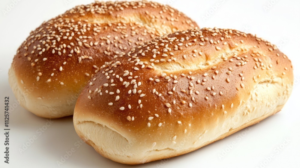 Freshly baked white bread loaves topped with sesame seeds, cut and arranged on a clean white background, bakery, food photography, culinary, healthy eating, organic ingredients. Freshly baked white bread loaves topped with sesame seeds, cut and arranged on a clean white background, bakery, food photography, culinary, healthy eating, organic ingredients.
