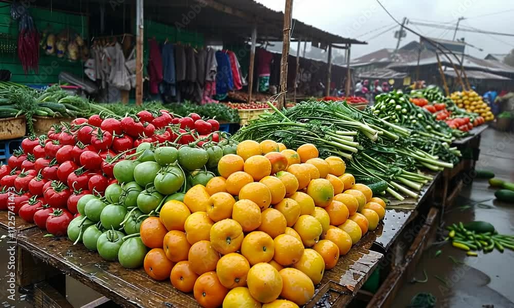 Colorful fresh produce displayed on wooden table at a wet market. Colorful fresh produce displayed on wooden table at a wet market.