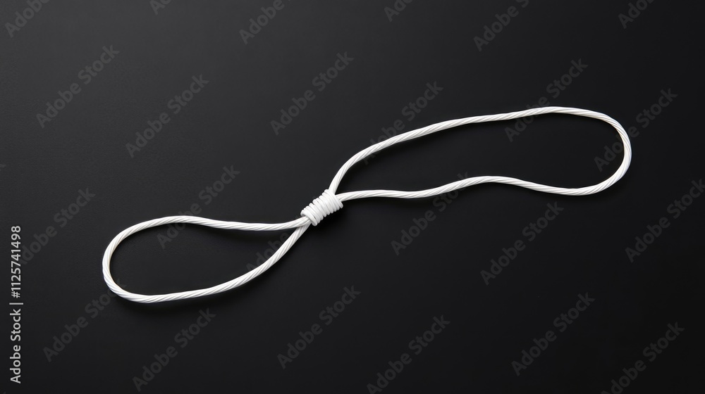 White cable tie arranged in a loop on a solid black background, featuring smooth texture and simple design, utility, accessories, minimalistic style. White cable tie arranged in a loop on a solid black background, featuring smooth texture and simple design, utility, accessories, minimalistic style.