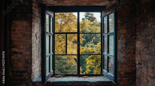 Scenic view through an old building window showcasing vibrant trees and natural light in a rustic setting