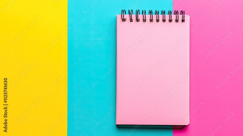 Pink Spiral Notepad on a Yellow, Teal, and Pink Background Pink Spiral Notepad on a Yellow, Teal, and Pink Background