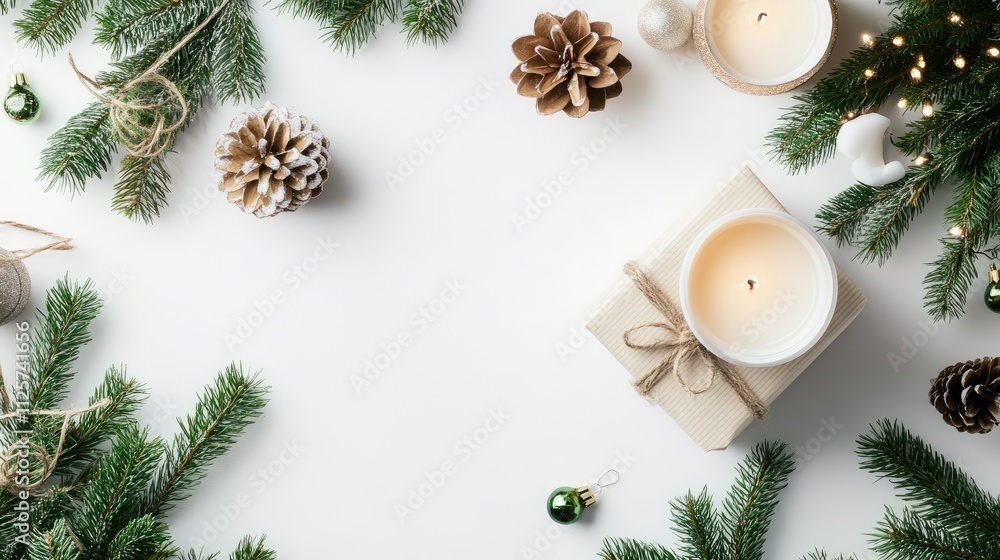 Christmas table composition with white candle gift and fir branches in minimalistic mockup for winter holiday decorations Christmas table composition with white candle gift and fir branches in minimalistic mockup for winter holiday decorations