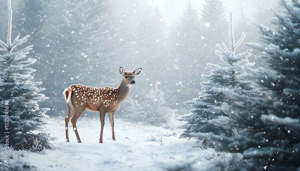 Spotted Deer in Snowy Winter Forest Scene Spotted Deer in Snowy Winter Forest Scene