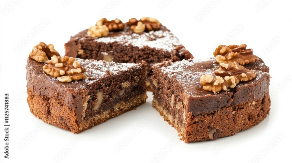 Traditional German walnut cake served on a white background showcasing rich chocolate layers and walnut toppings. Traditional German walnut cake served on a white background showcasing rich chocolate layers and walnut toppings.