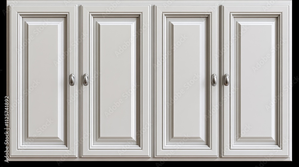 Elegant white kitchen cabinets with decorative metal pulls in a close-up view of classic design and craftsmanship Elegant white kitchen cabinets with decorative metal pulls in a close-up view of classic design and craftsmanship