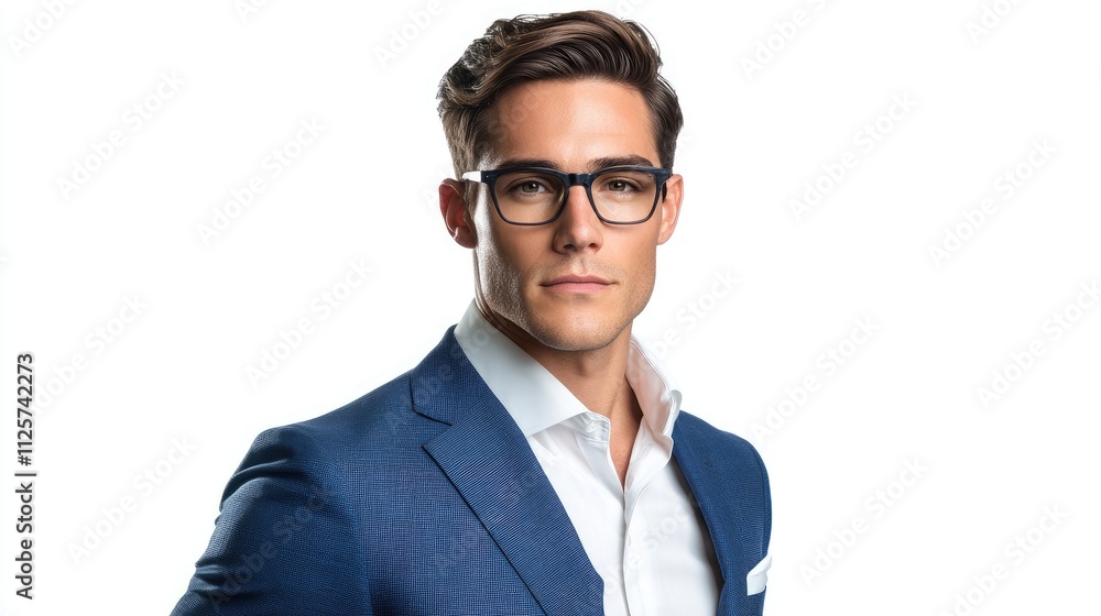 Stylish Confident Young Man in Business Attire with Glasses Posing Elegantly Against a White Background Stylish Confident Young Man in Business Attire with Glasses Posing Elegantly Against a White Background
