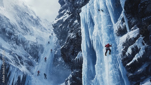 Climbers ascend a frozen waterfall in a dramatic, snowy mountain gorge.