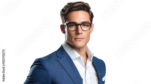 Stylish Confident Young Man in Business Attire with Glasses Posing Elegantly Against a White Background photo