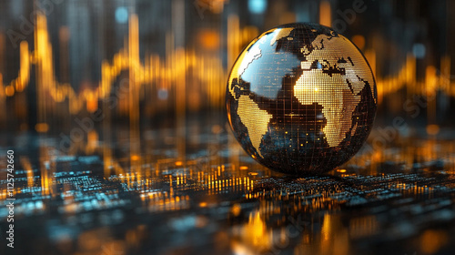 crystal-clear globe rests on a financial chart, symbolizing global markets, economic connections, sustainability, and the interdependence of finance and environmental stewardship photo