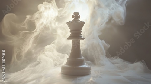 Majestic white chess king radiating leadership amidst a mystical fog representing strategic direction and strength in decision-making. photo