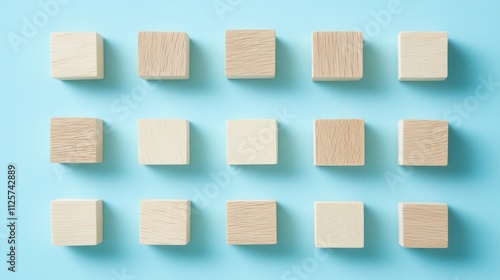 Wooden cubes arranged on a blue background symbolizing technology and innovation in microchip hardware and programming concepts. photo