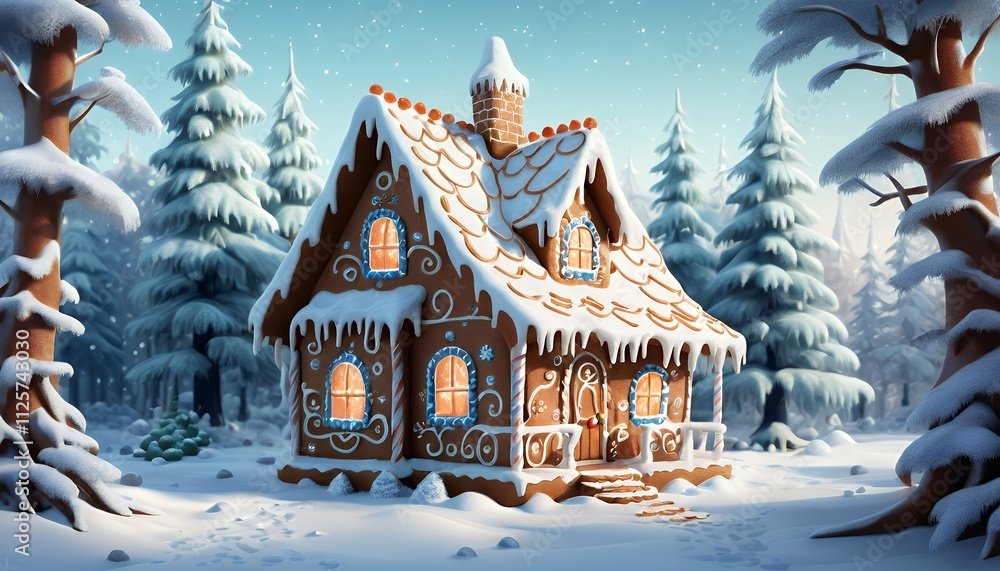 A charming gingerbread house sits in a snowy winter forest. The scene is magical and evokes feelings of warmth and holiday cheer. A charming gingerbread house sits in a snowy winter forest. The scene is magical and evokes feelings of warmth and holiday cheer.