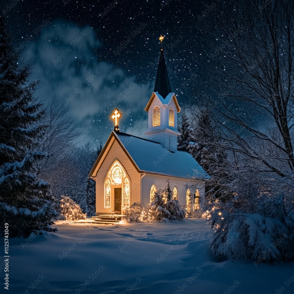 Serene winter night church scene rural setting photography snowy environment nighttime viewpoint peaceful concept for reflection Serene winter night church scene rural setting photography snowy environment nighttime viewpoint peaceful concept for reflection