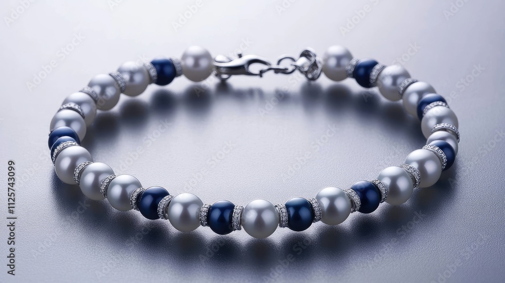 Elegant white pearl bracelet adorned with titanium accents and colorful stones on a sleek surface. Elegant white pearl bracelet adorned with titanium accents and colorful stones on a sleek surface.