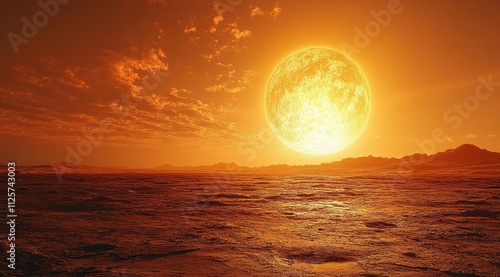 Large orange moon rising over a barren, rocky landscape at sunset.