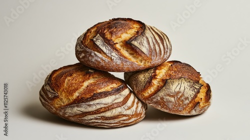 Wallpaper Mural Artisan wholegrain bread loaves stacked against a clean white backdrop, showcasing crusty exteriors and textured surfaces, food photography, baking, natural ingredients. Torontodigital.ca
