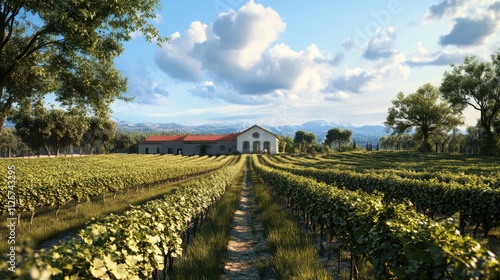 Scenic vineyard landscape showcasing grape cultivation and a charming wine production facility under a clear blue sky. photo