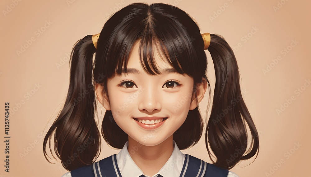 A digital painting of a cheerful young girl in a school uniform. She has pigtails and is smiling. A digital painting of a cheerful young girl in a school uniform. She has pigtails and is smiling.