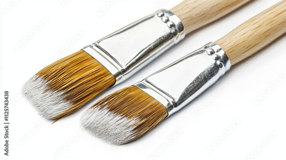 Two artist paint brushes with wooden handles on a clean white background for creative design and artistic concepts Two artist paint brushes with wooden handles on a clean white background for creative design and artistic concepts
