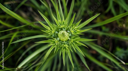 Vibrant green wild plant with intricate leaves viewed from above in a serene park setting photo