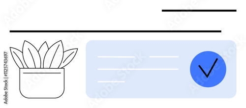 Plant in pot, document with checkmark indicating verification. Ideal for authentication, eco-friendly, online approvals, sustainability, documentation, modern design technology. Line metaphor