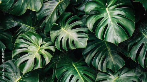 Close up of tropical palm leaves with dark green high contrast foliage creating a lush and vibrant natural background texture