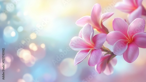 Pink plumeria flowers against a dreamy background creating a serene and uplifting atmosphere perfect for nature and wellness themes.