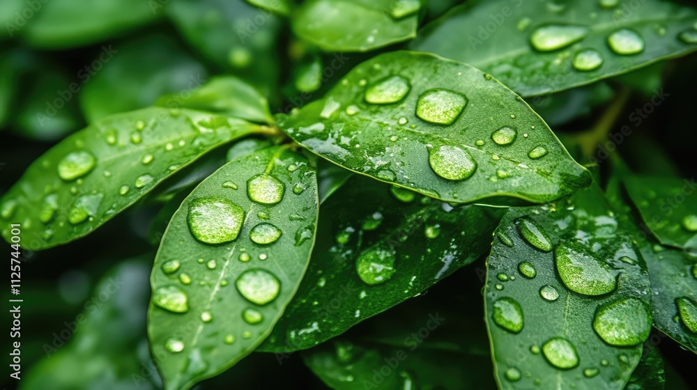 Close up of water droplets on lush green leaves symbolizing environmental sustainability and the importance of ecosystem preservation. Close up of water droplets on lush green leaves symbolizing environmental sustainability and the importance of ecosystem preservation.